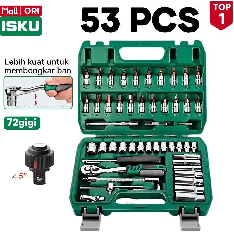 Isku Kunci Sok Set 53pcs Kunci Shock Set Lengkap Kunci Mata Sok 53 PCS Set Socket (1/4 ") Full TOOL KIT 20PCS Kunci Mata Shock